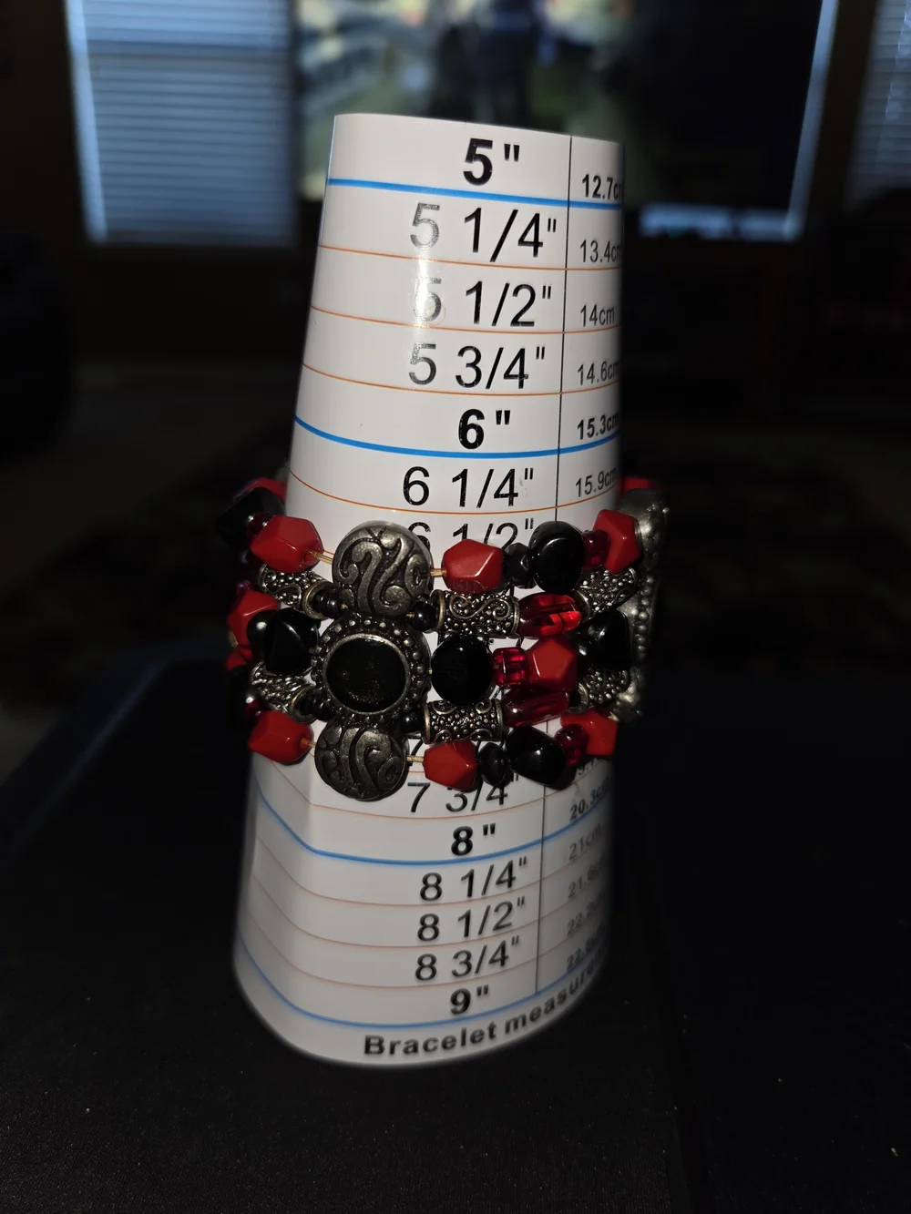 Red Black Silver Tone Multi Strand Beaded Bracelet 7” Statement Boho
